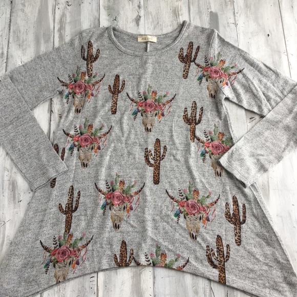 Bohemian Floral Longhorn Cow Skull Print Knit Top - Picture 2 of 8